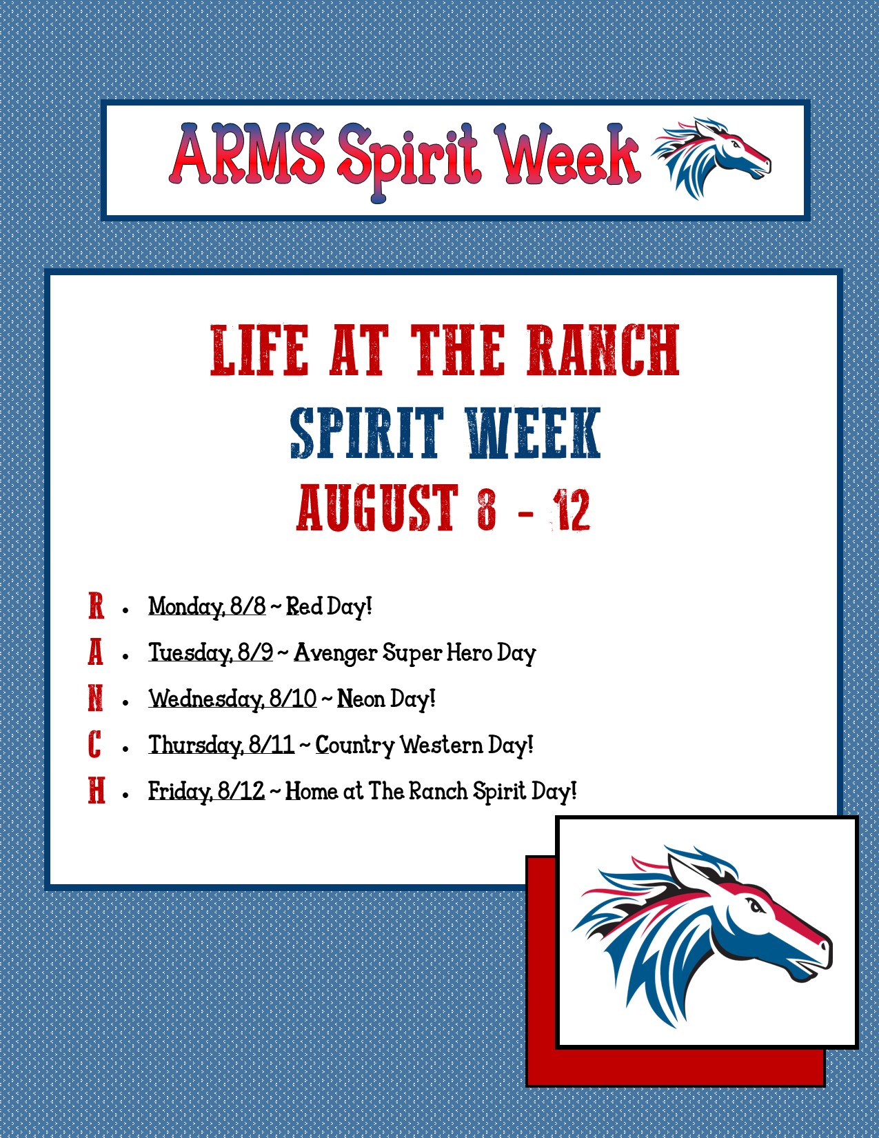 ARMS Spirit Week Flyer with Mustang Logo